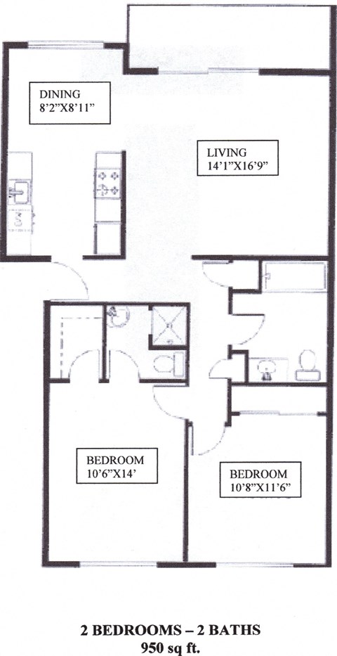 Floor plan for 2 beds, 2 baths, 947 sqft